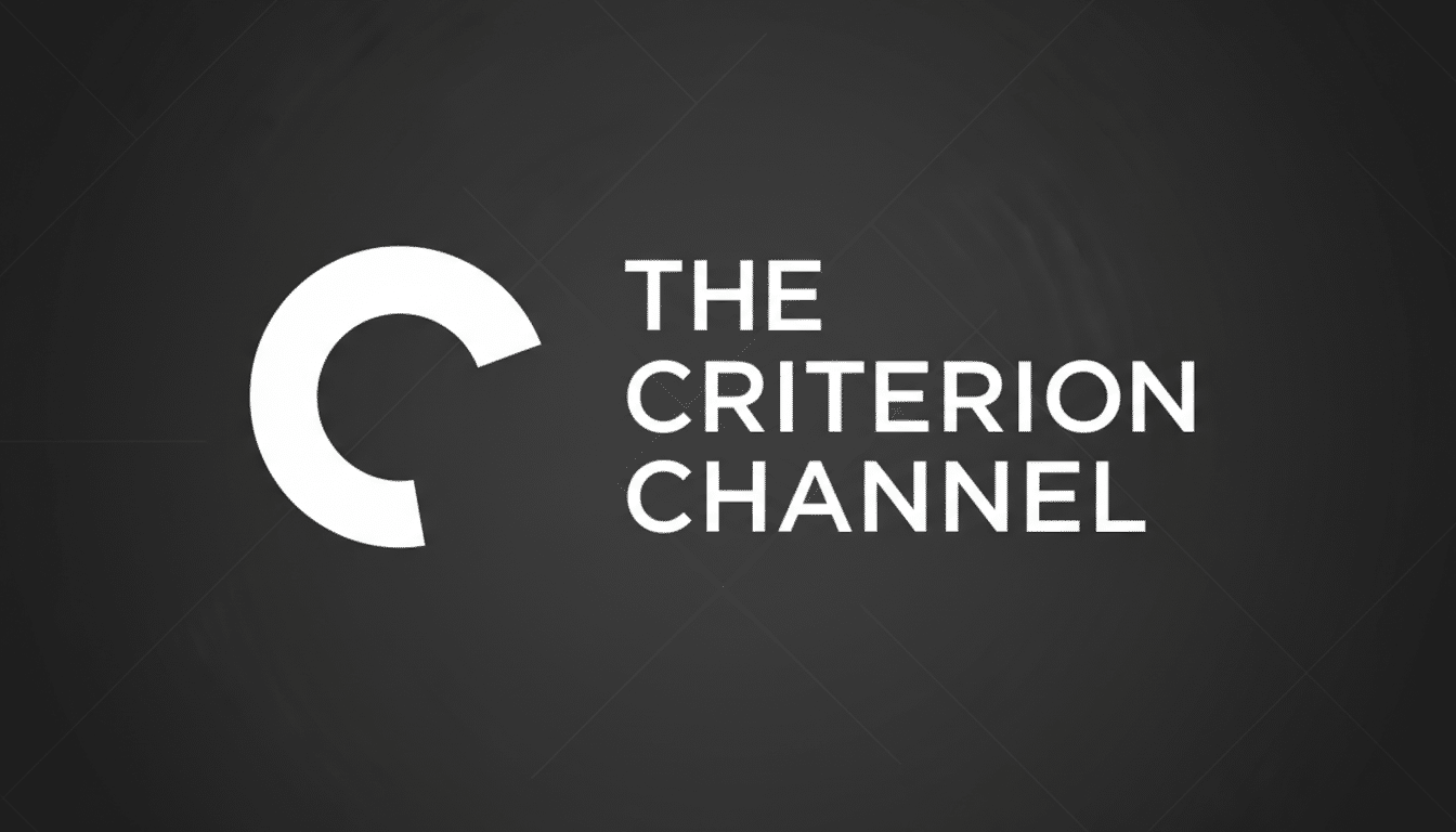 The Criterion Channel logo in white text and a white C icon on a dark gray background with subtle geometric patterns.