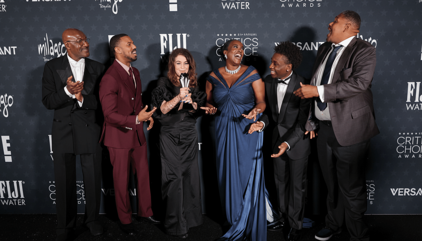 Six people, dressed in formal attire, posing and smiling on a red carpet in front of a backdrop with various logos and text.