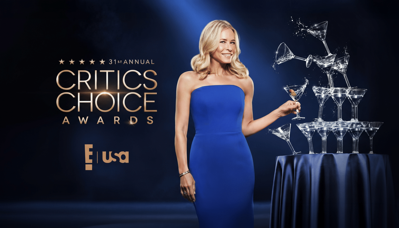 A woman in a blue dress holding a martini glass next to a stack of martini glasses, with the Critics Choice Awards logo in the background.