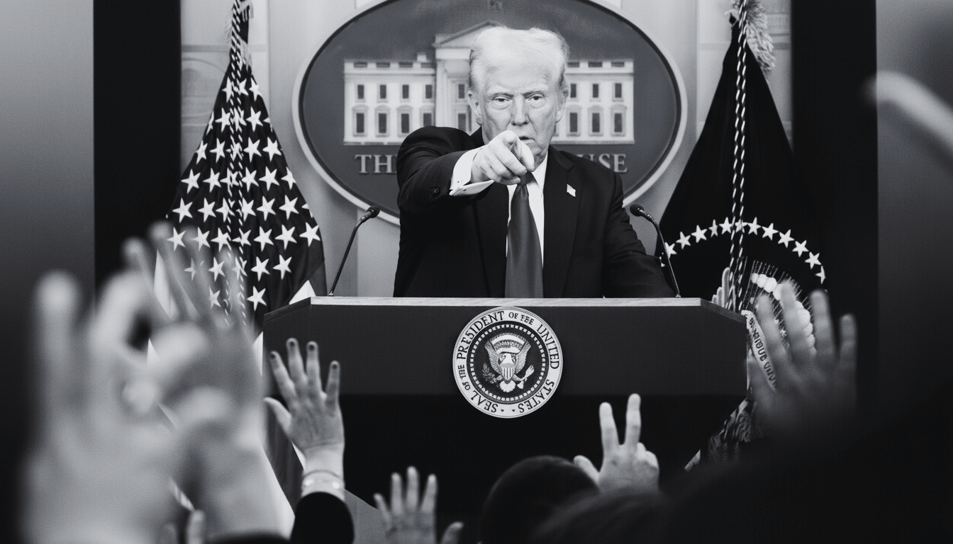 A black and white image of Donald Trump at a podium, pointing towards the viewer, with hands raised in the foreground.