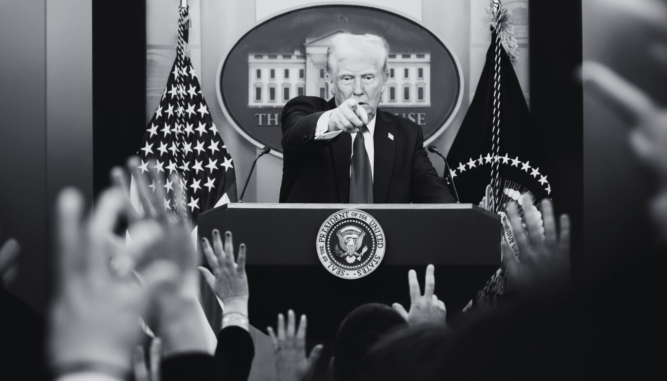 A black and white image of Donald Trump at a podium, pointing towards the viewer, with hands raised in the foreground.