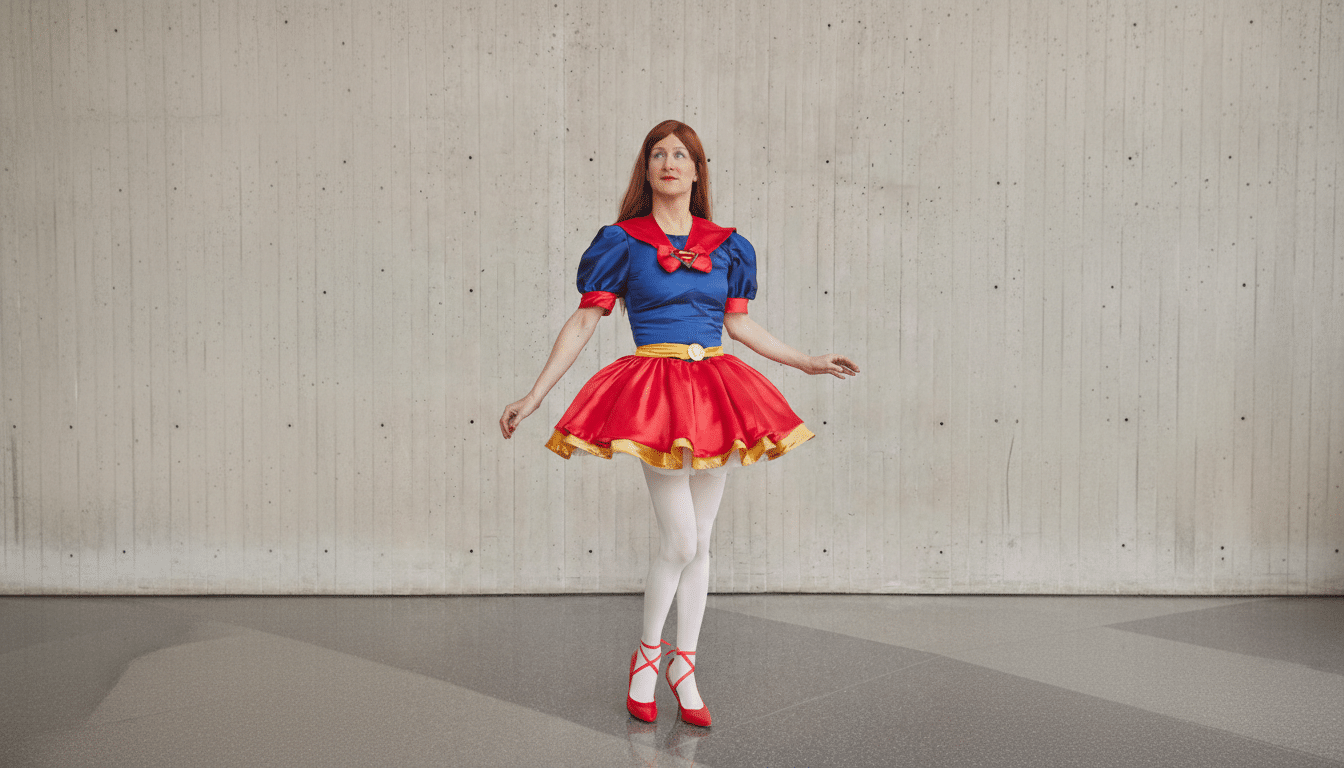 A person in a Snow White-inspired costume, featuring a blue top with puffed sleeves and a red collar, a red and gold skirt, white tights, and red ballet-style shoes, stands against a concrete wall and gray floor.