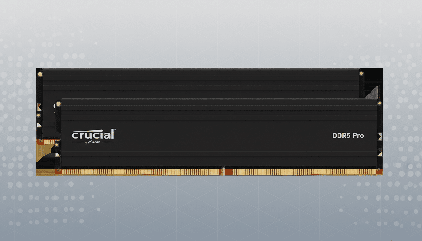 Two black Crucial DDR5 Pro RAM sticks are shown horizontally on a professional flat gray background with subtle white dot patterns.