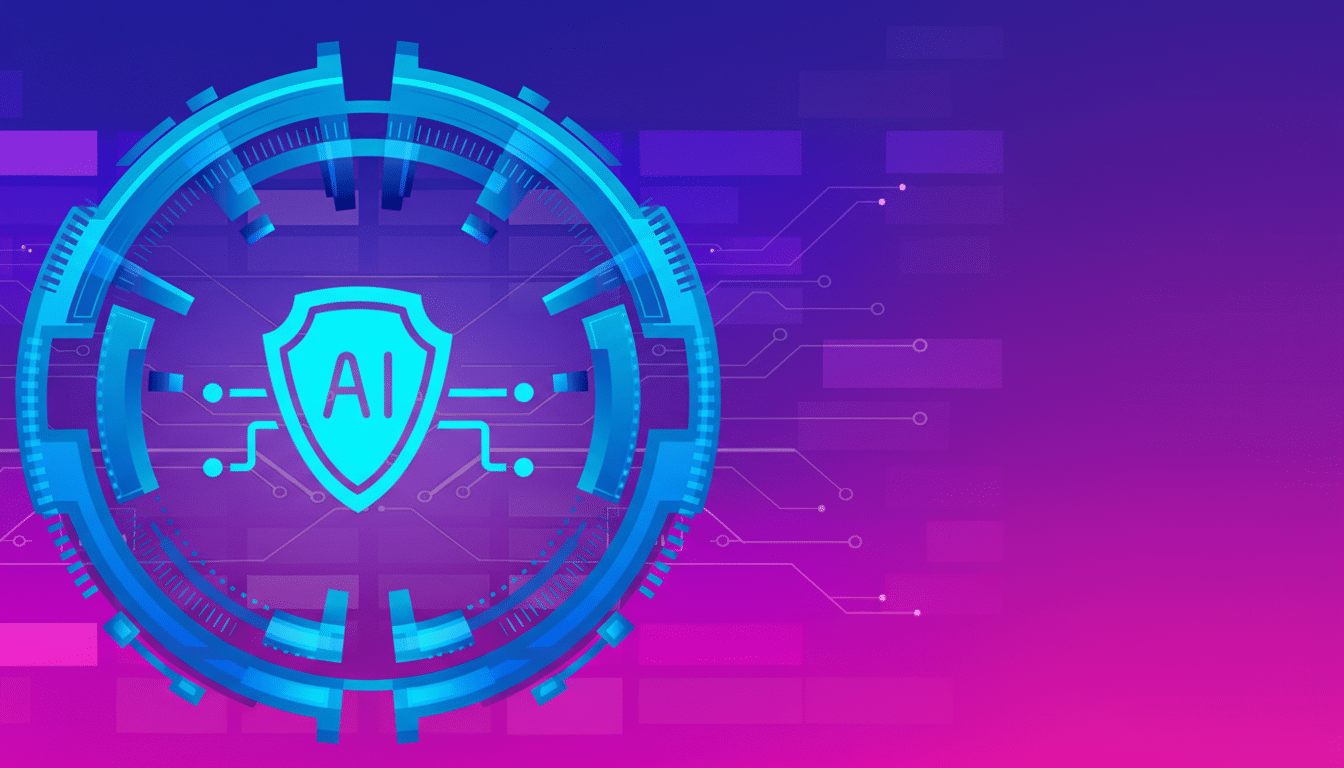 A professional 16:9 aspect ratio image featuring a central blue shield with AI in the middle, surrounded by a circular, futuristic blue interface. The background is a gradient of purple and pink with subtle circuit board patterns.