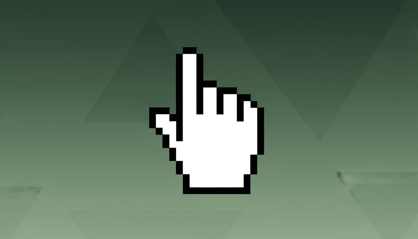 A white pixelated hand cursor with a pointing index finger, set against a professional flat design background with soft green gradients and subtle geometric patterns.