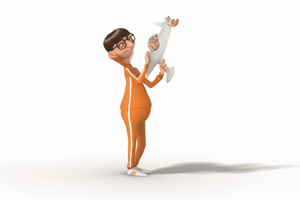 Vector from Despicable Me in an orange tracksuit, holding a squid launcher, against a white background.