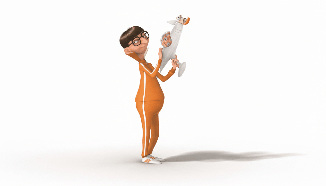 Vector from Despicable Me in an orange tracksuit, holding a squid launcher, against a white background.