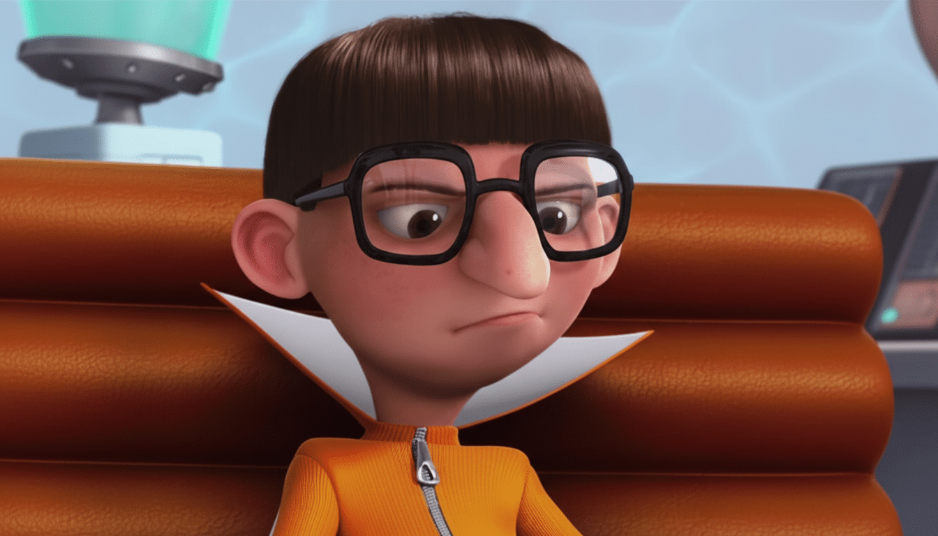 A 16:9 aspect ratio image of Vector from Despicable Me, looking displeased, with his original background maintained.