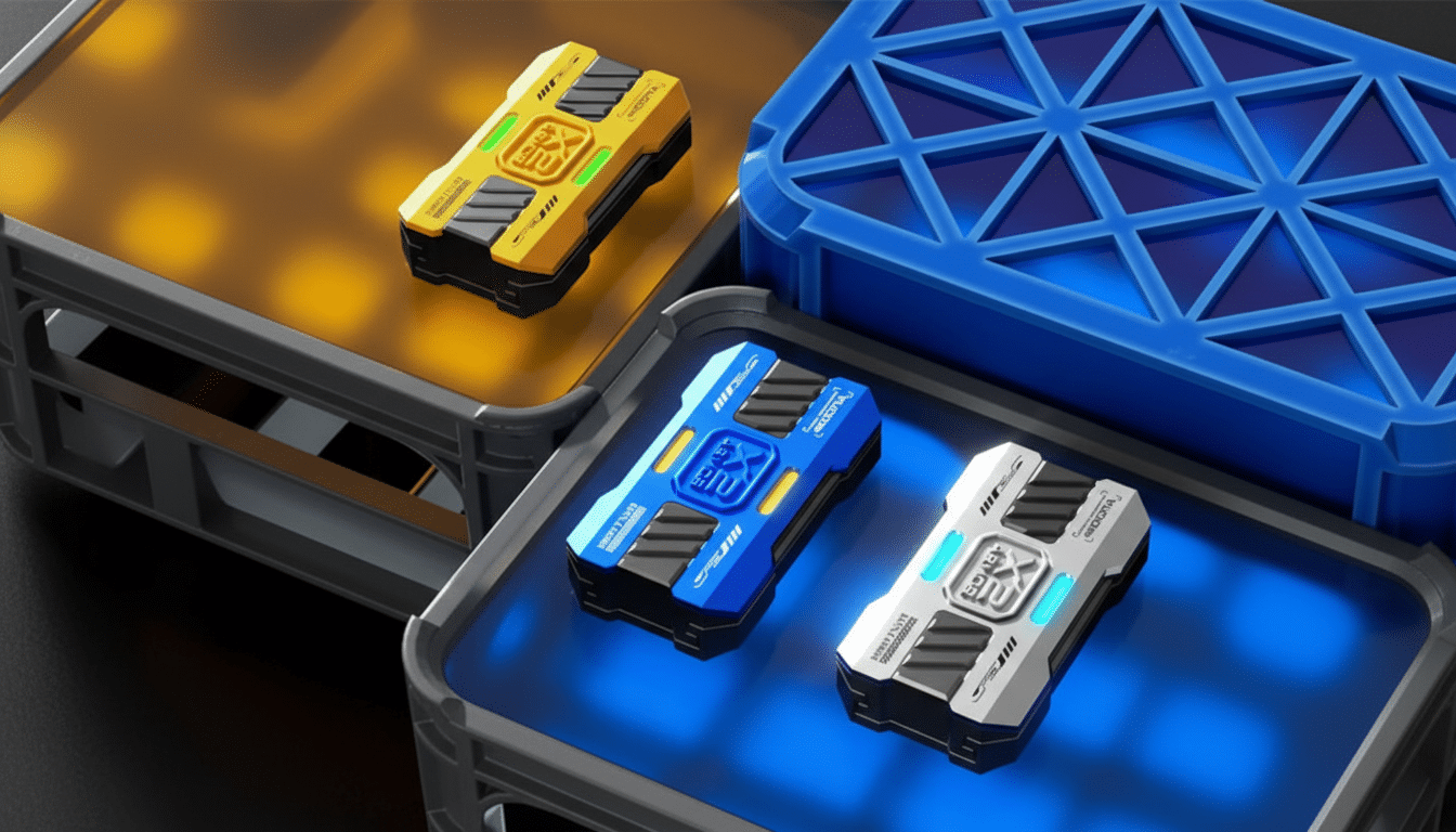 Three rectangular electronic devices in yellow, blue, and white, with black accents and glowing details, are displayed on a dark surface with blue and orange translucent containers.