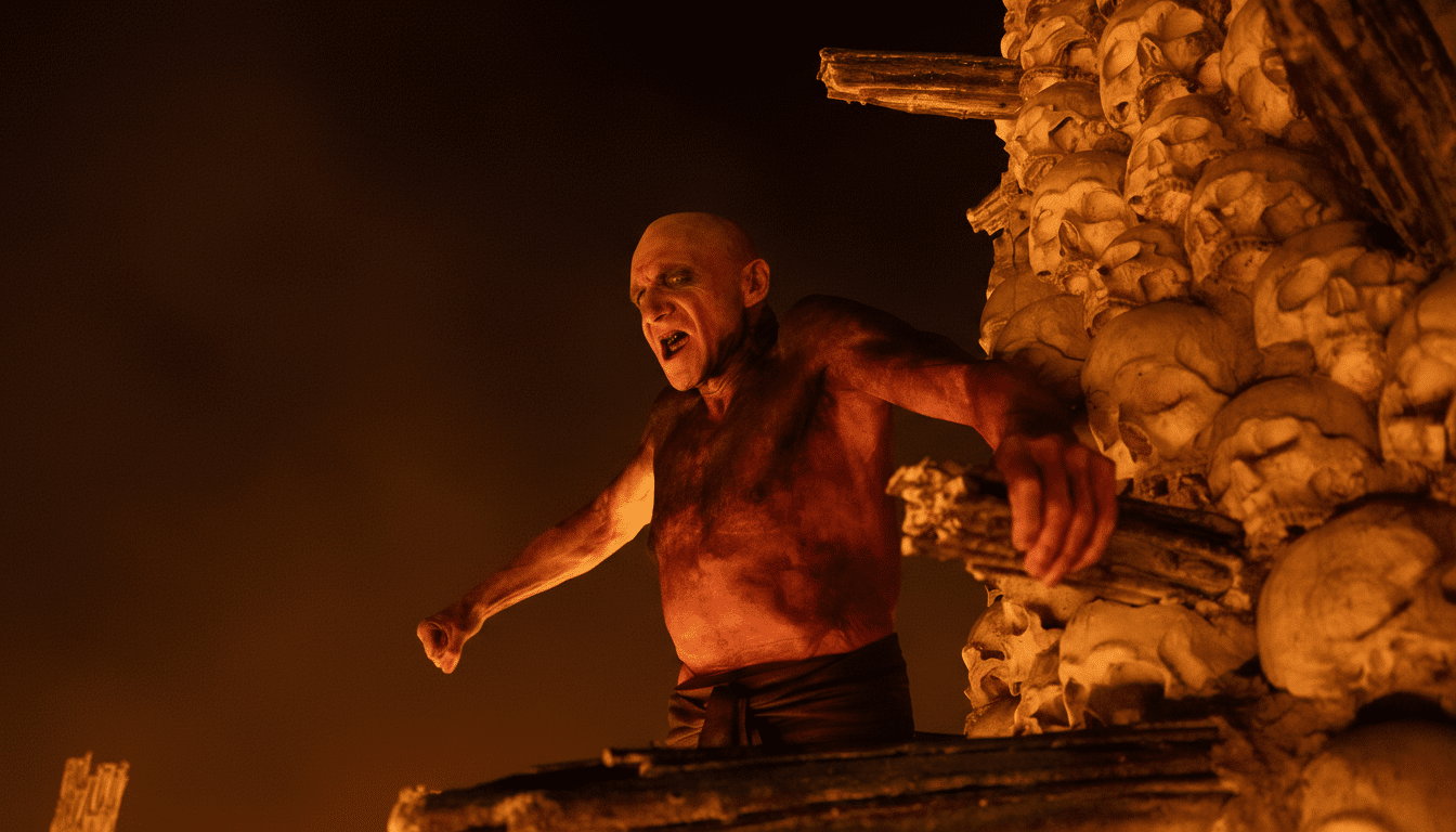 A man with a bald head and a red-stained torso, wearing dark fabric around his waist, stands with his arms outstretched and mouth open in a yell. He is positioned next to a structure made of stacked skulls, all bathed in a warm, orange glow against a dark background.
