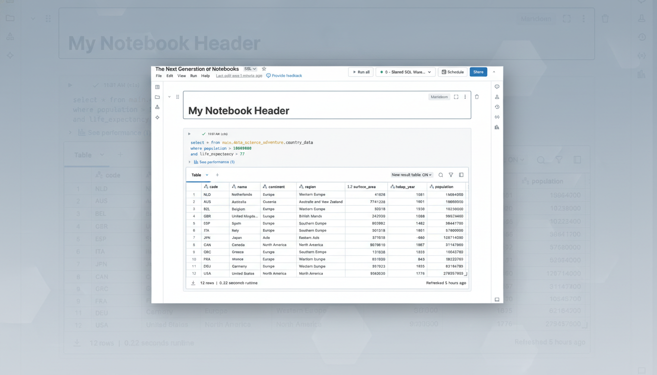 A screenshot of a data notebook interface with a table displaying country data, including code, name, continent, region, surface area, independence year, and population.