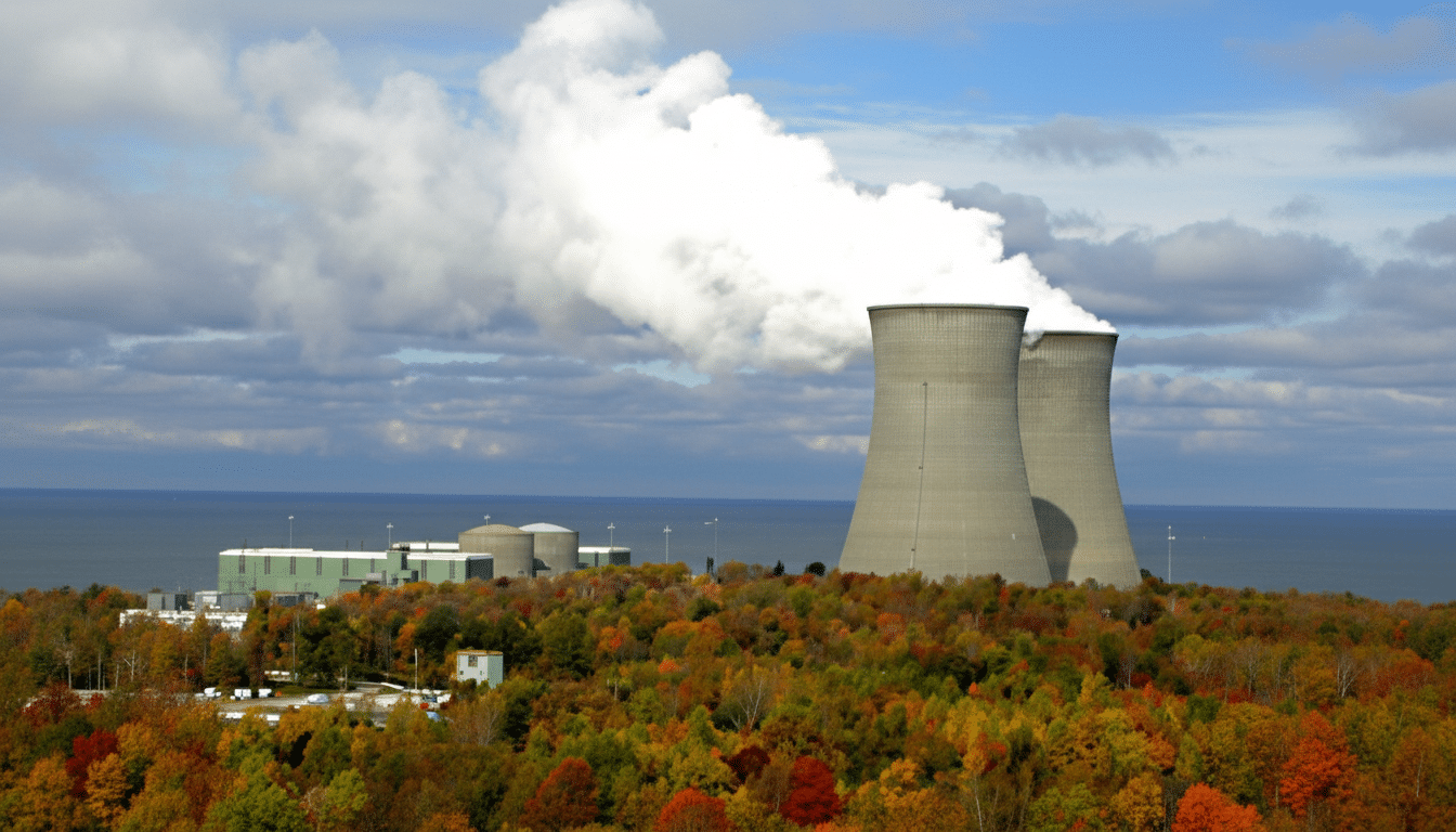A nuclear power plant with two large cooling towers emitting steam, situated behind a vibrant autumn forest, with a large body of water and a cloudy sky in the background.