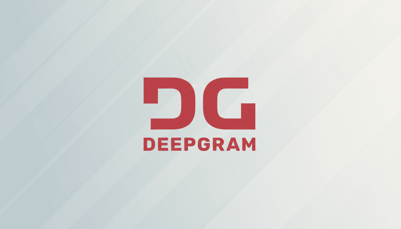 The Deepgram logo, featuring the letters DG in a bold, red, stylized font above the word DEEPGRAM in a matching font, presented on a professional flat design background with soft gray gradients and subtle diagonal patterns.