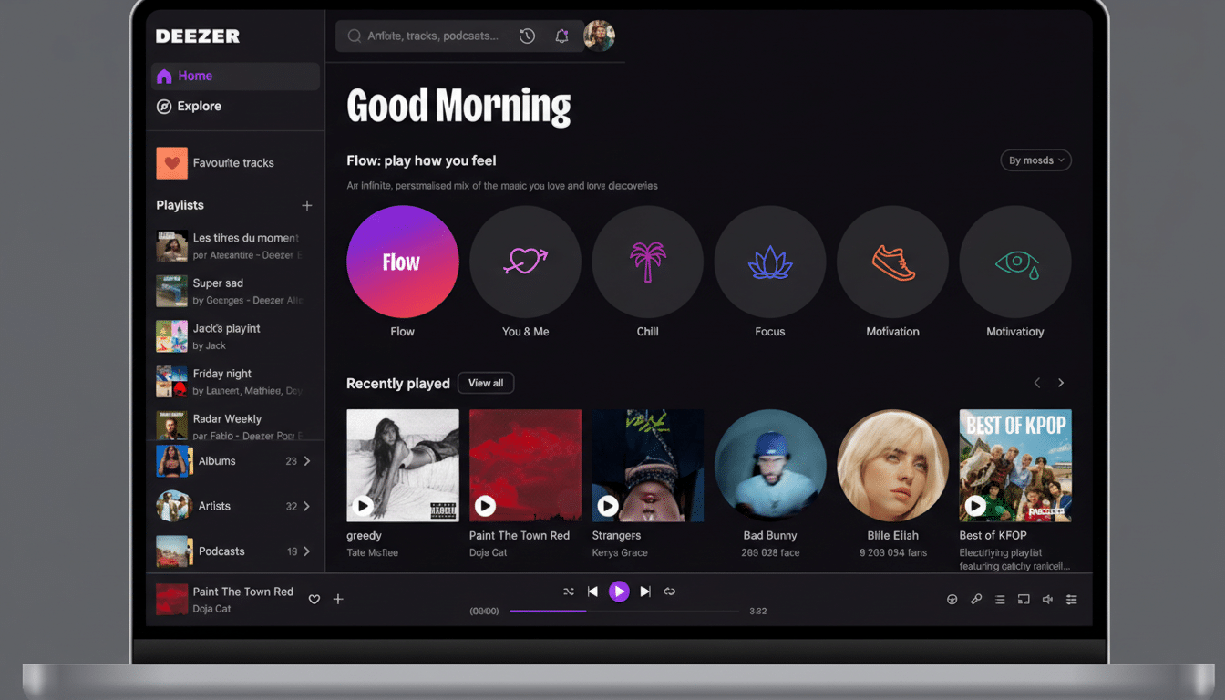 A laptop displaying the Deezer music streaming service interface, resized to a 16:9 aspect ratio.