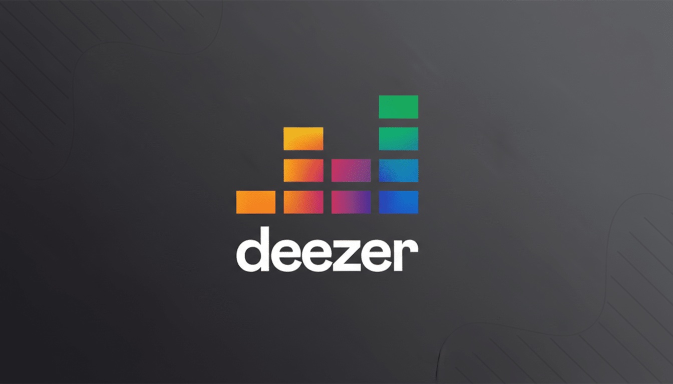 The Deezer logo, featuring a colorful equalizer graphic above the word deezer in white, set against a dark gray background with subtle, soft patterns.