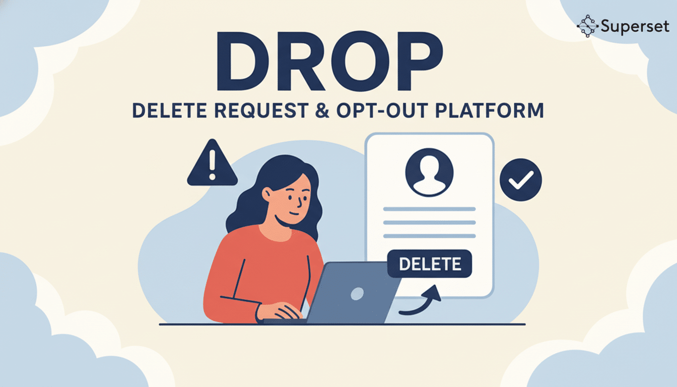 A 16:9 aspect ratio image of the DROP: Delete Request & Opt-Out Platform logo and illustration. It features a woman using a laptop with a DELETE button on the screen, alongside icons for a warning, a user profile, and a checkmark. The background is a professional flat design with soft cloud patterns.