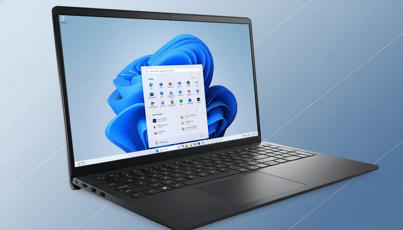 A black laptop displaying the Windows 11 desktop with the Start menu open, set against a professional blue gradient background.