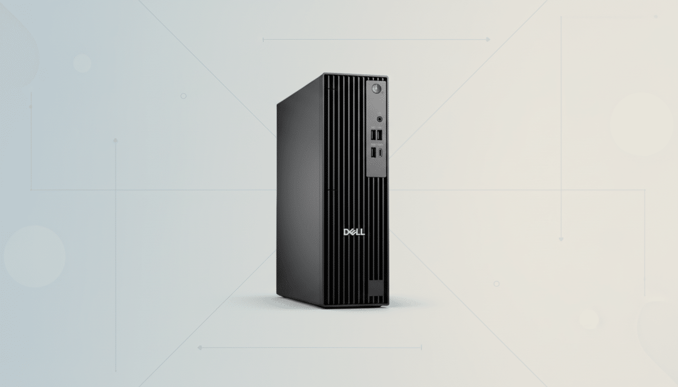 A black Dell desktop computer tower is centered on a professional flat design background with soft patterns and gradients.