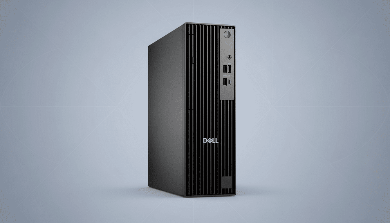 A black Dell desktop computer tower is shown at a slight angle on a light gray background with a subtle grid pattern.