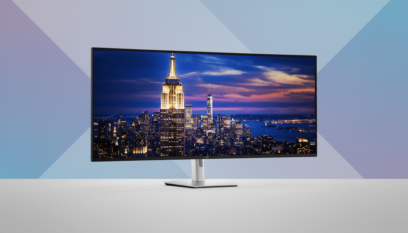 A Dell monitor displaying a vibrant night cityscape, set against a professional flat design background with soft blue and purple gradients.