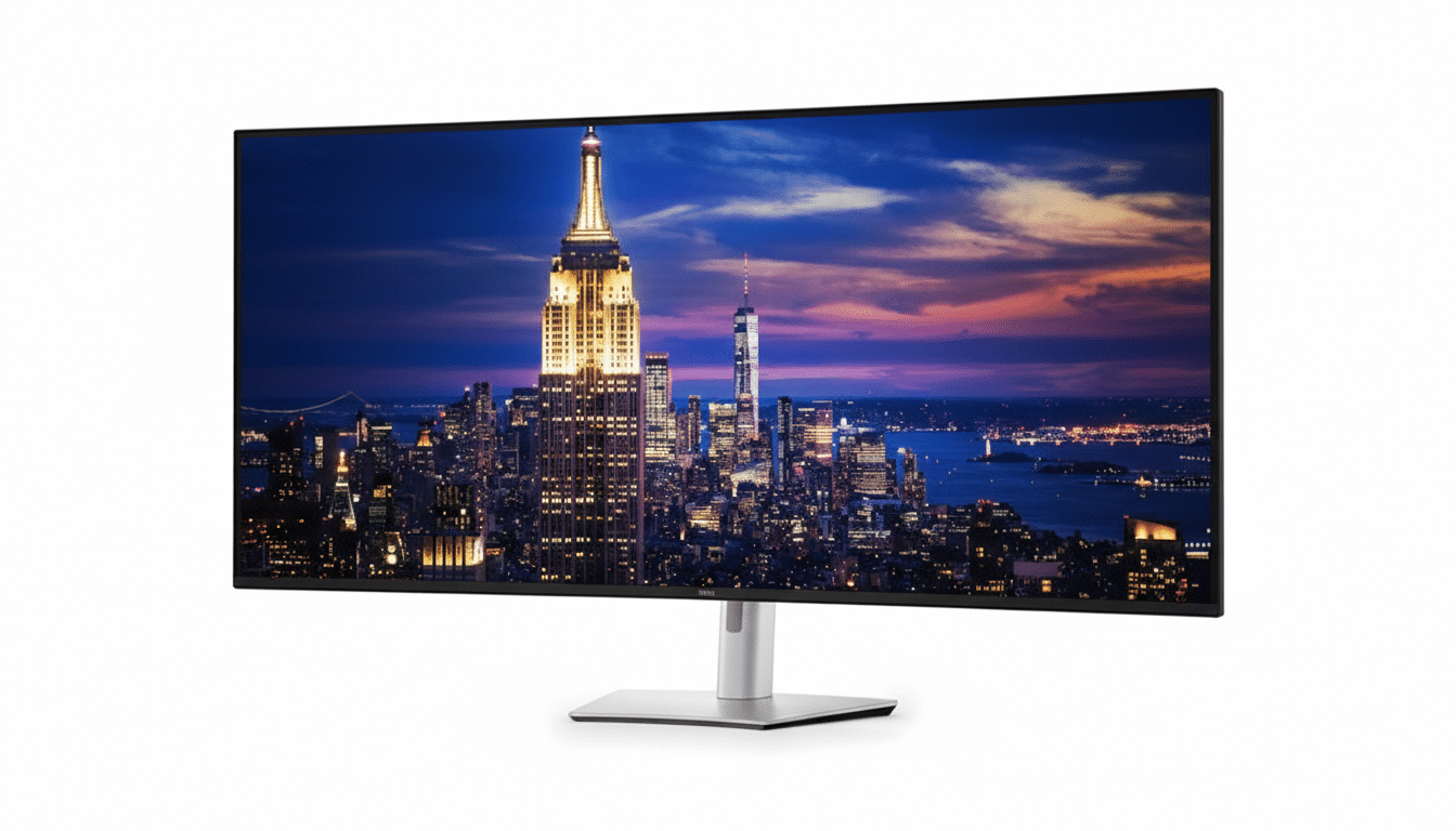 A professional monitor displaying a vibrant cityscape at night, resized to a 16:9 aspect ratio with a clean white background.