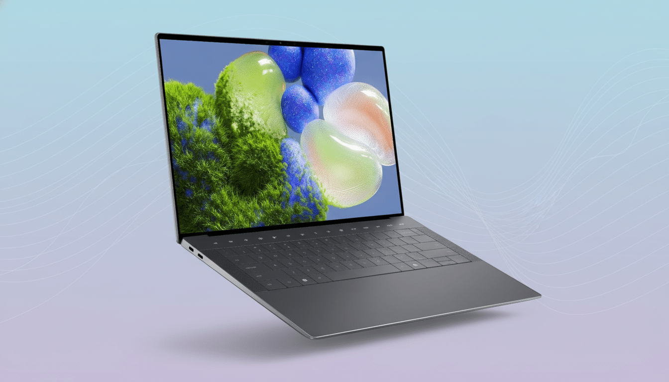 A sleek, modern laptop with a dark gray finish, displaying a vibrant abstract image on its screen, set against a professional flat design background with soft blue and purple gradients and subtle wave patterns.