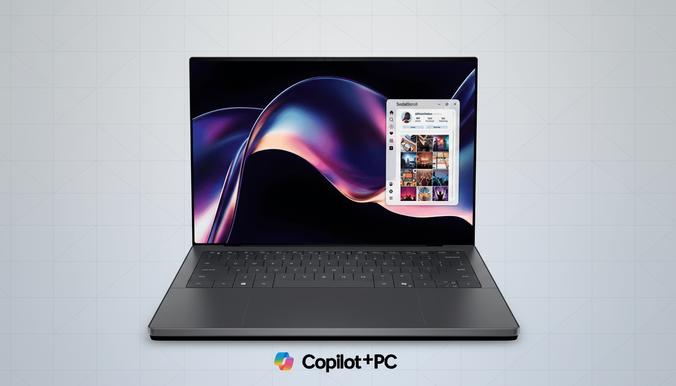 A laptop displaying a social media application on its screen, with the Copilot+PC logo below it, set against a professional flat design background with soft patterns.