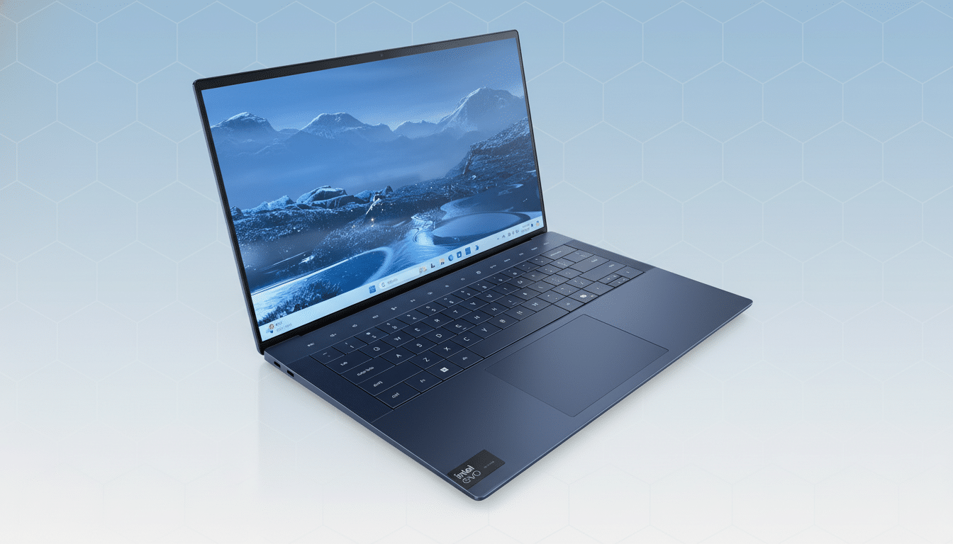 A dark blue laptop with an Intel Evo sticker on the palm rest, displayed on a light blue gradient background with a subtle hexagonal pattern. The laptop screen shows a desktop with a mountainous landscape wallpaper.