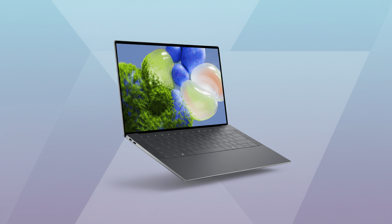 A sleek, modern laptop with a dark gray finish and a vibrant, abstract image on its screen, set against a professional flat design background with soft geometric patterns in shades of blue and purple.