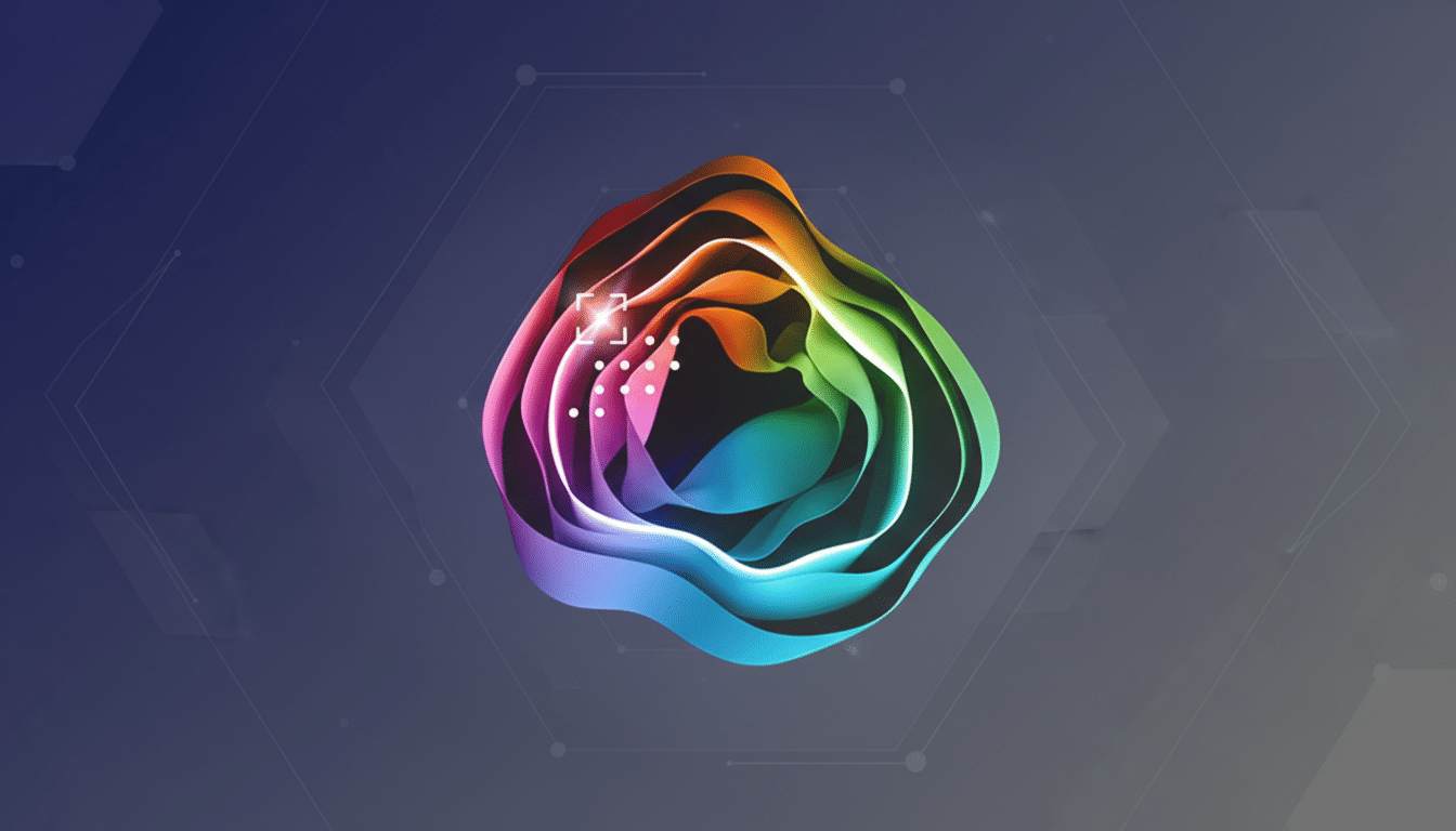 A colorful, abstract, wavy shape with a white square and dots in the center, set against a professional flat design background with soft patterns and gradients.