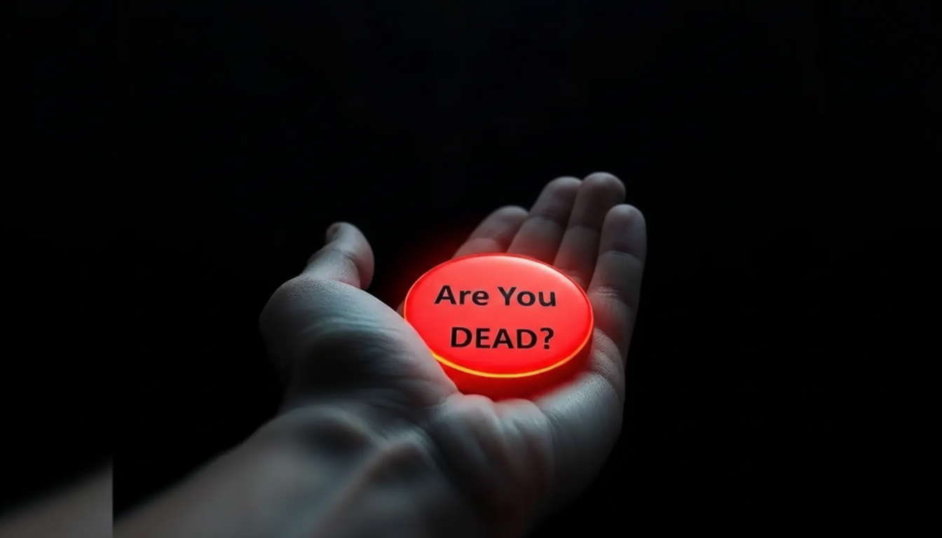 A hand holding a glowing red button with the text Are You DEAD? on it, set against a dark background.