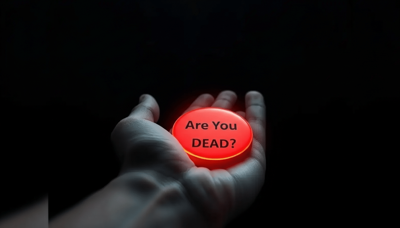 A hand holding a glowing red button with the text Are You DEAD? on it, set against a dark background.