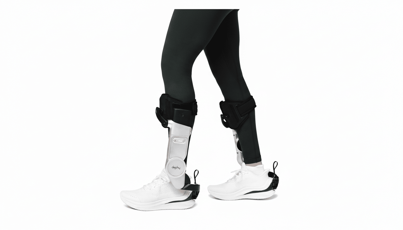 A person wearing black leggings and white sneakers, with a white and black medical device attached to their lower right leg, walking against a white background.