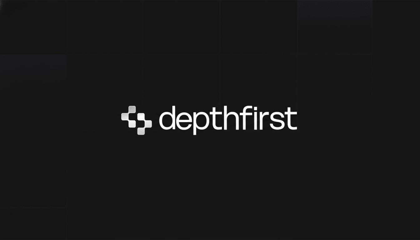 The Depthfirst logo, featuring a stylized white icon resembling interconnected squares next to the word depthfirst in white text, all set against a dark, subtly patterned background.