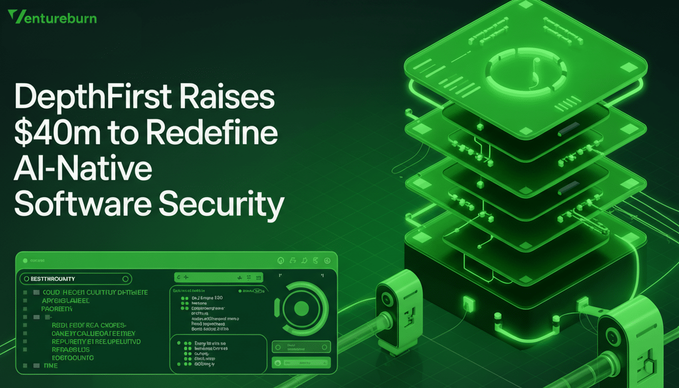 A professional image with a 16:9 aspect ratio, featuring the text DepthFirst Raises $40m to Redefine AI-Native Software Security on a dark green background. To the right, theres a stack of glowing green circuit board-like structures, and at the bottom left, a dark interface with green text and icons. The Ventureburn logo is in the top left corner.