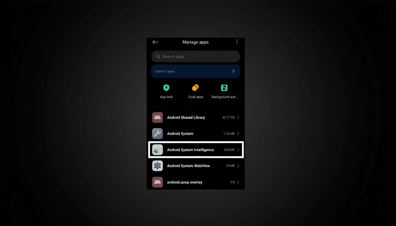 A screenshot of a phones Manage apps screen, with Android System Intelligence highlighted. The image has been resized to a 16:9 aspect ratio with a dark, professional background.