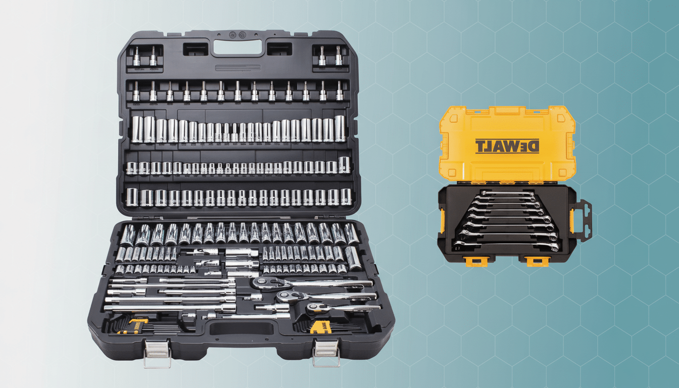 A professional image of two DeWalt toolkits, one large and open displaying a wide array of sockets and wrenches, and a smaller, open yellow case containing a set of combination wrenches, all presented on a clean, light blue background with a subtle geometric pattern.