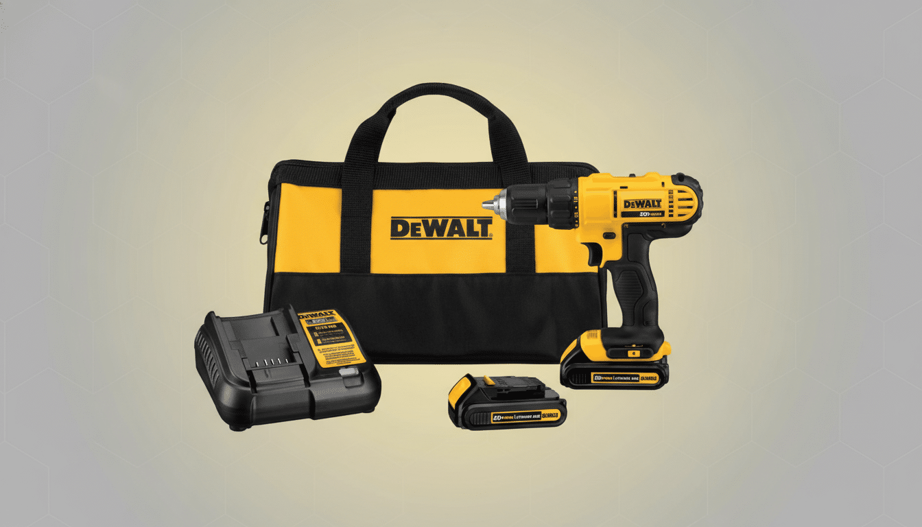 A DeWalt 20V MAX cordless drill kit, including the drill, two batteries, a charger, and a black and yellow carrying bag, presented on a professional flat design background with soft patterns.
