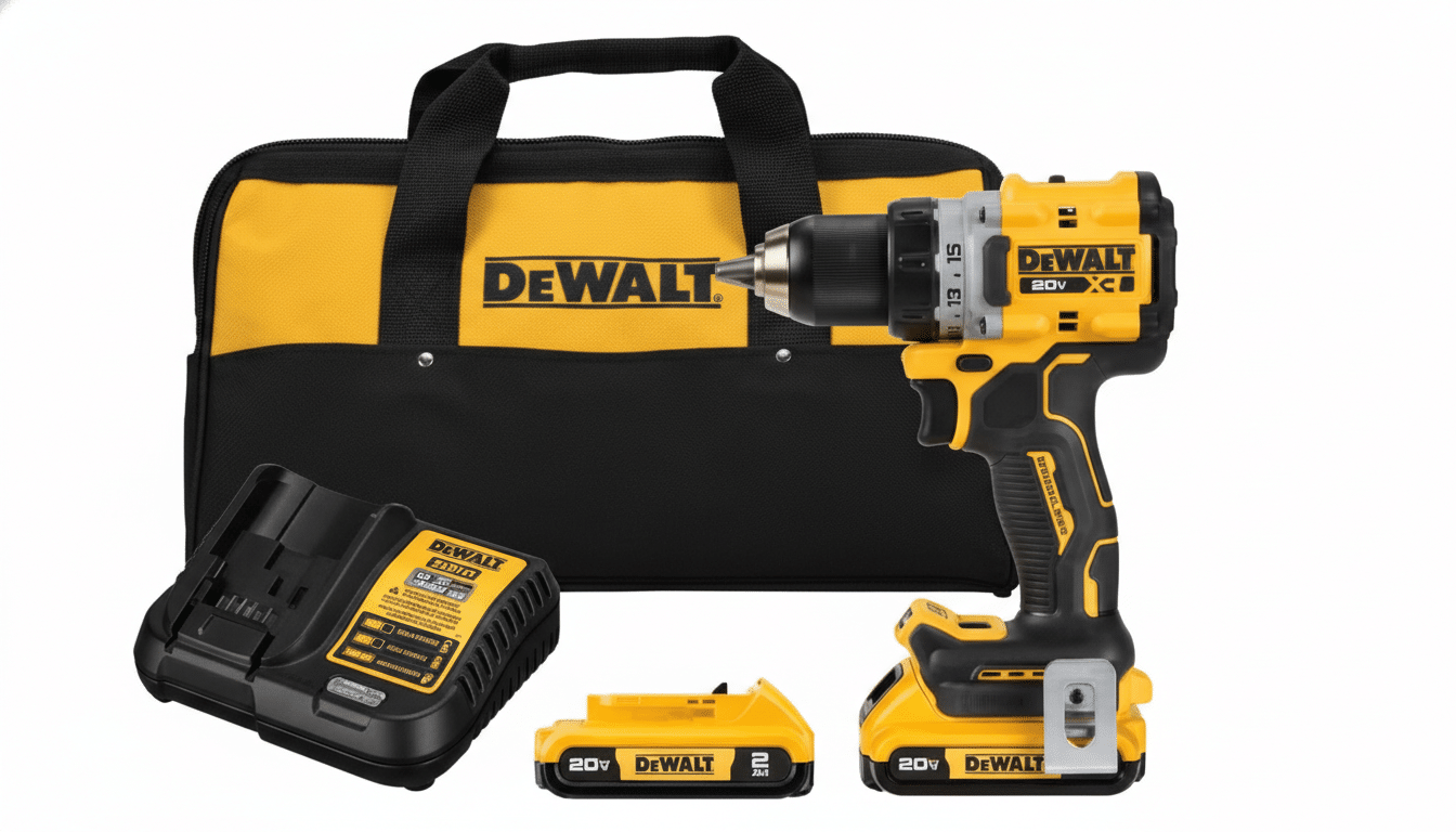 A DeWalt 20V MAX XR brushless cordless drill, two 20V batteries, a charger, and a black and yellow DeWalt tool bag are arranged on a white background.