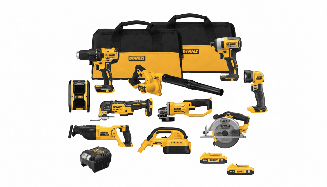 A collection of yellow and black DeWalt power tools, including drills, saws, a leaf blower, and batteries, arranged on a white background.