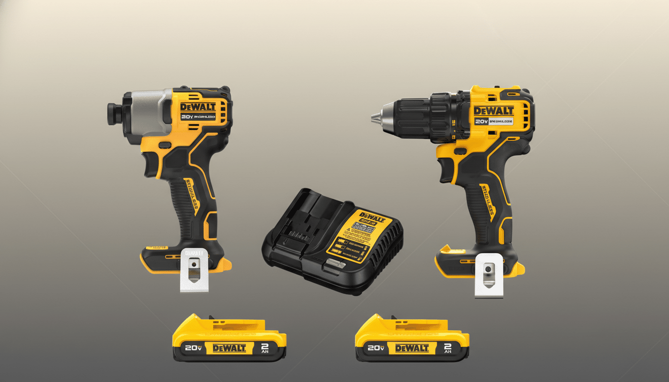 A DeWalt 20V MAX XR Brushless Cordless Impact Driver and Drill/Driver Combo Kit, including two tools, a charger, and two batteries, presented on a professional flat gray background with a subtle gradient.