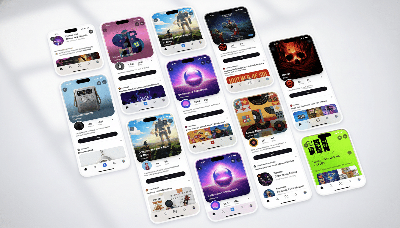 A collection of mobile phones displaying various app interfaces, arranged in a scattered pattern on a white surface with soft shadows.