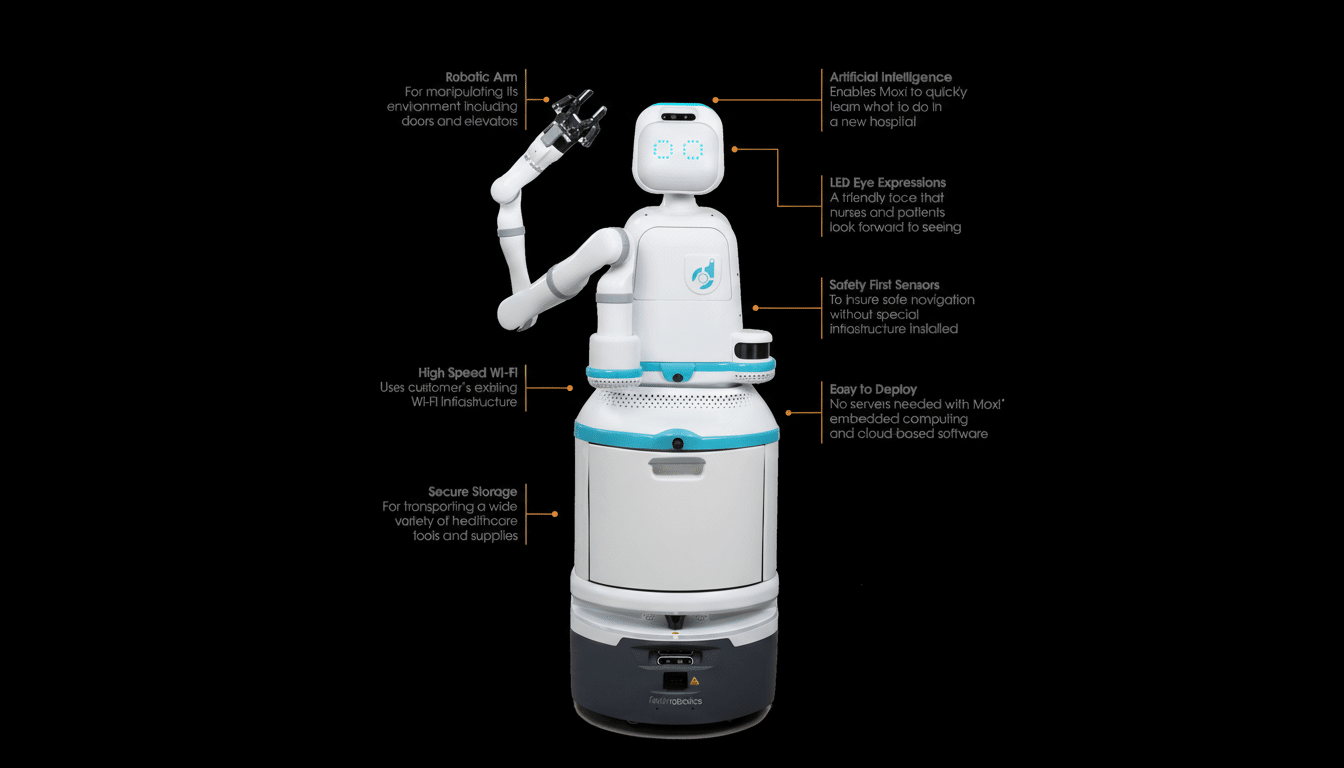 A white and teal Fetch Robotics Moxi robot with a robotic arm, displayed against a black background with descriptive text annotations pointing to its features.