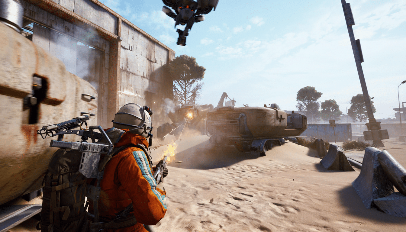 A person in an orange and white suit with a helmet, holding a weapon, looking towards an explosion in a desert-like environment with industrial buildings and a drone overhead.