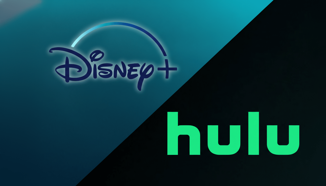 The Disney+ logo on a blue gradient background and the Hulu logo on a dark background, separated by a diagonal line.