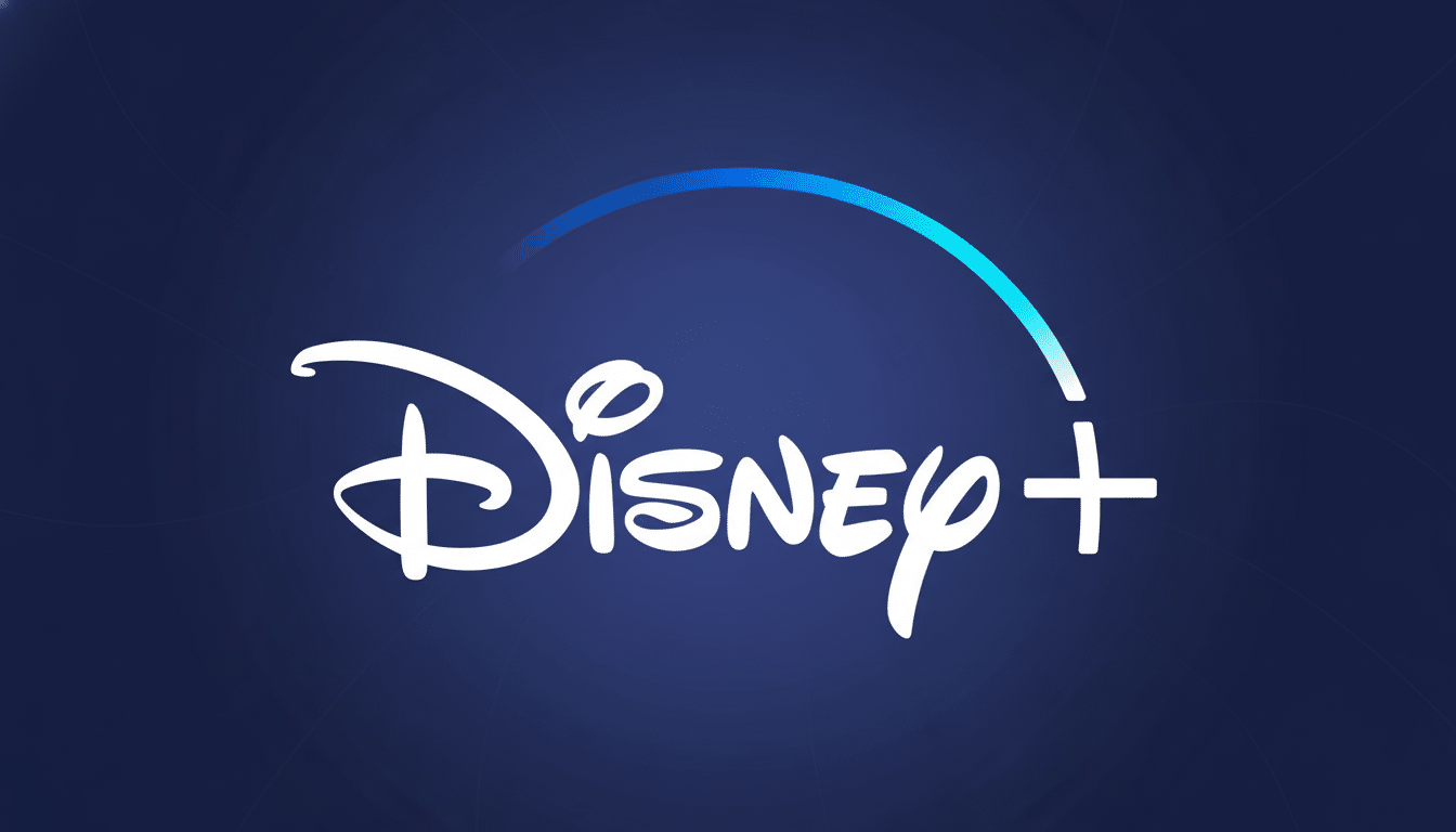 The Disney+ logo, featuring the word Disney in a classic script font with a stylized D and a small plus sign, all in white, set against a dark blue background with a subtle gradient and soft, barely visible patterns. A light blue arc sweeps over the Disney text.