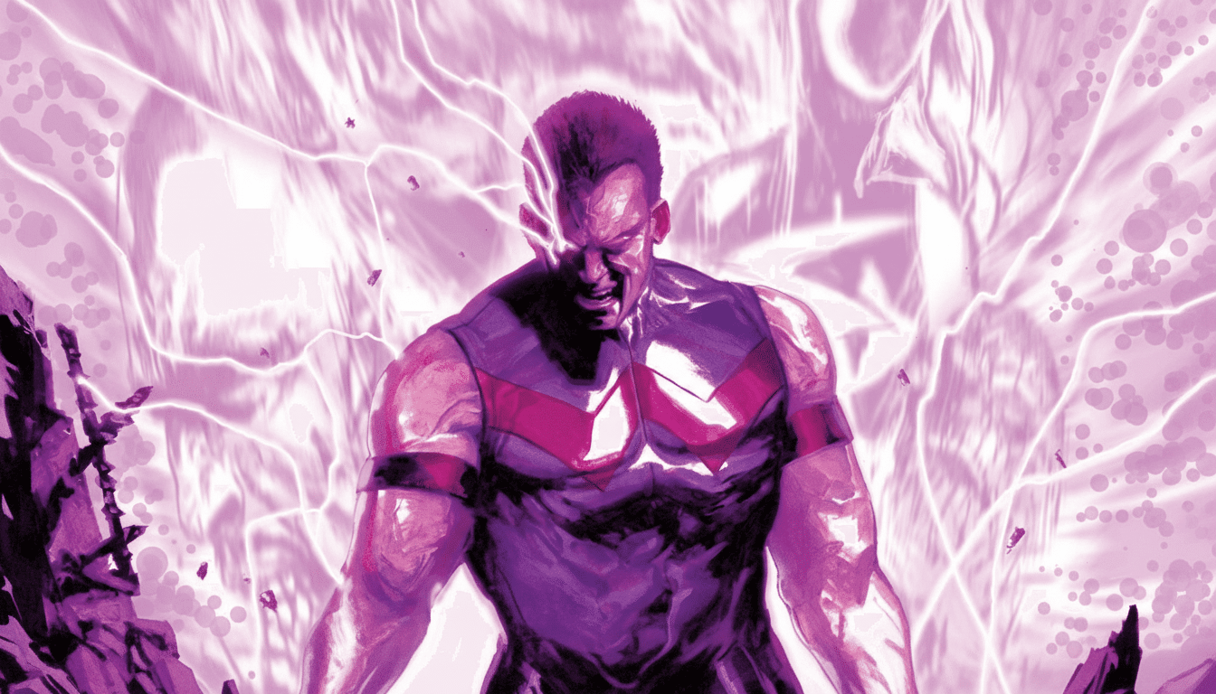 A powerful male figure with glowing purple energy emanating from him, set against a background of swirling purple light.