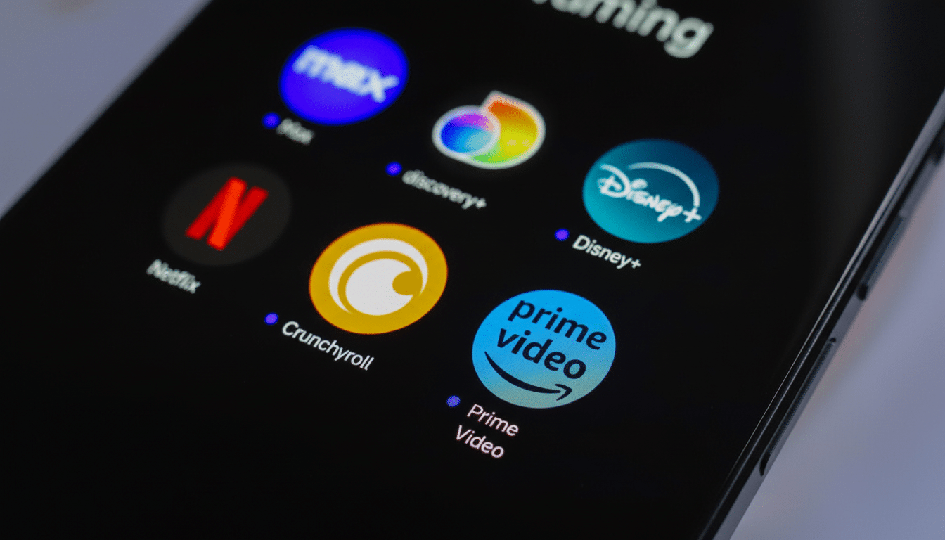 A close-up of a smartphone screen displaying various streaming service app icons, including Max, Discovery+, Disney+, Netflix, Crunchyroll, and Prime Video, against a dark background.