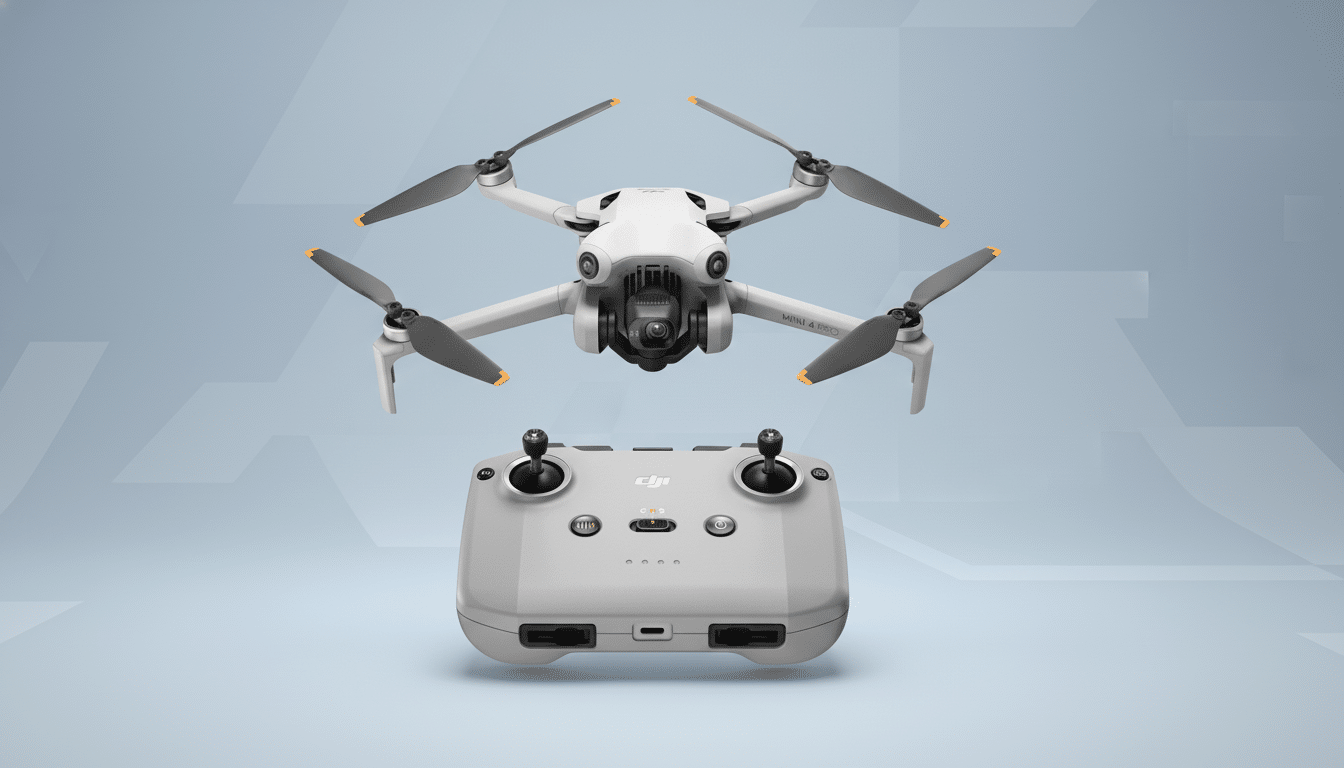 A white DJI Mini 4 Pro drone hovers above its matching gray remote controller, set against a professional light blue background with subtle geometric patterns.