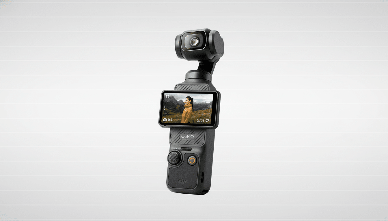 A DJI Osmo Pocket 3 camera with a screen displaying a woman in a yellow jacket standing in a mountainous landscape, set against a professional light gray background with subtle horizontal lines.